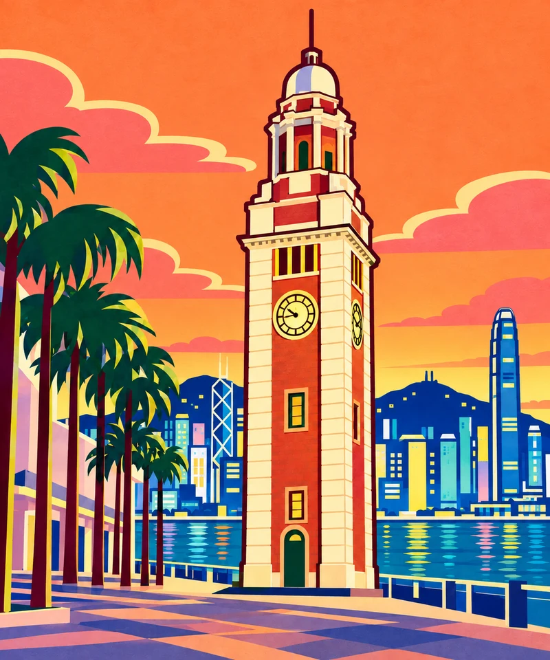 尖沙咀鐘樓 · 現代色塊版畫插畫