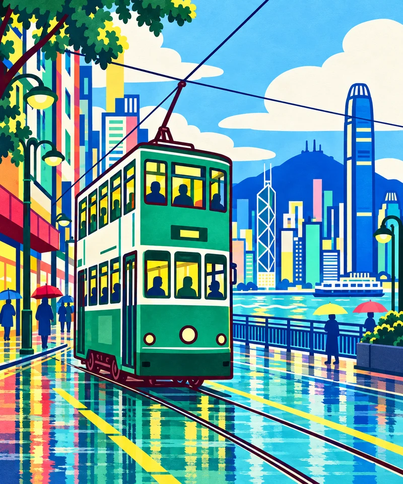 香港電車 · 現代色塊版畫插畫