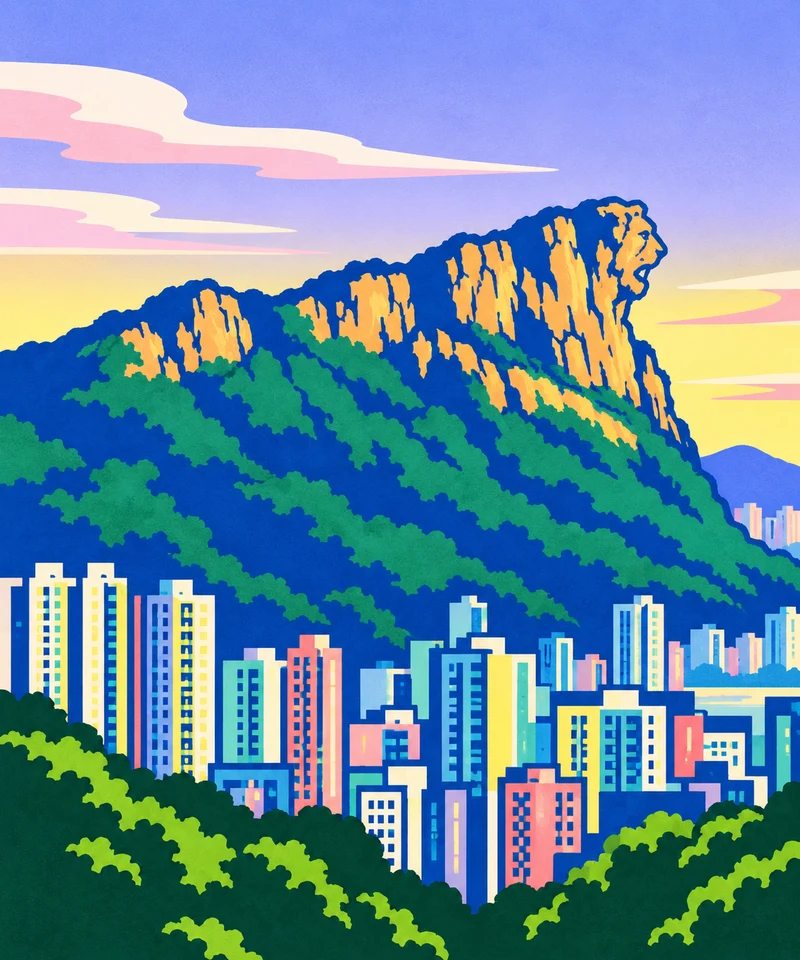 獅子山 · 現代色塊版畫插畫