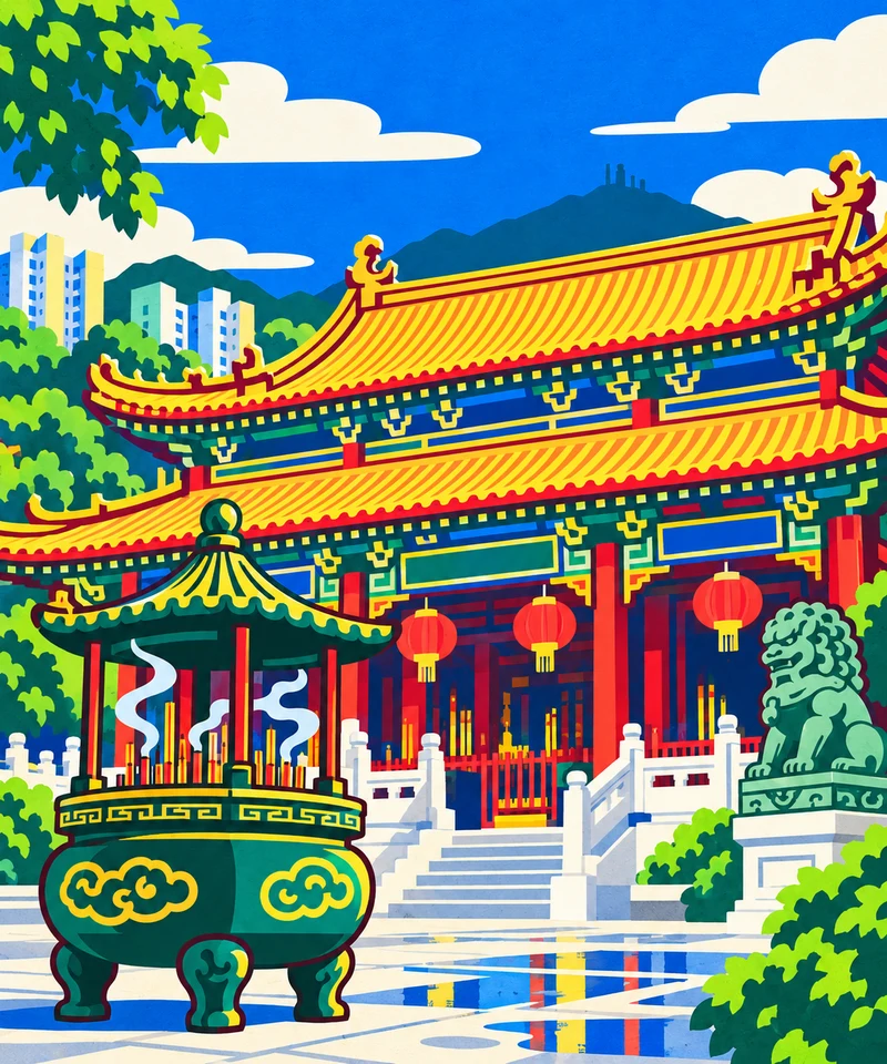 黃大仙祠 · 現代色塊版畫插畫